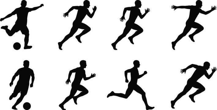 Running athlete silhouette set with soccer player and sprint poses isolated black vector action figures collection