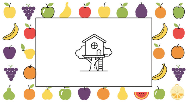 Whimsical Treehouse Illustration with Fruity Border