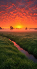 Obraz premium Fiery Sunrise Over Tranquil Landscape Field Reflection In River Serene Dawn