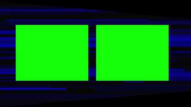 Dynamic dual green screen frames with abstract blue glitch motion backgrounds for editing, compositing, digital creation, and cinematic visual effects overlay projects
