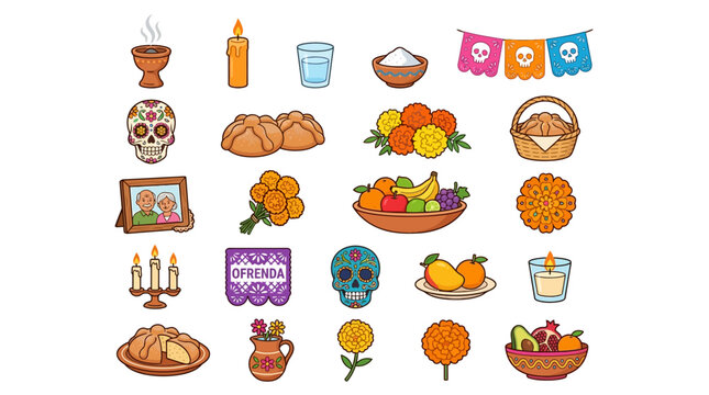 Ofrenda altar elements icons on a colorful sheet for Day of the Dead celebration