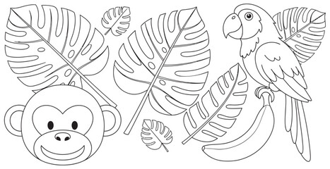 Tropical jungle illustration with monkey parrot and leaves © BAkter