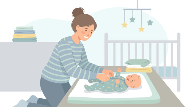 Mother changing baby's diaper on mat.