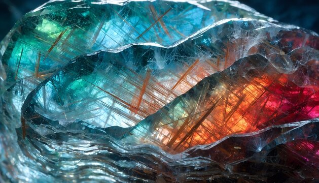 Extreme close up scientific macro photography of  alexandrite gemstone interior needle like rutile inclusions and fingerprint patterns visible inside the crystal