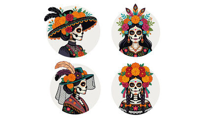 Fototapeta premium La Catrina skeleton lady portrait illustrations showcase cultural symbolism