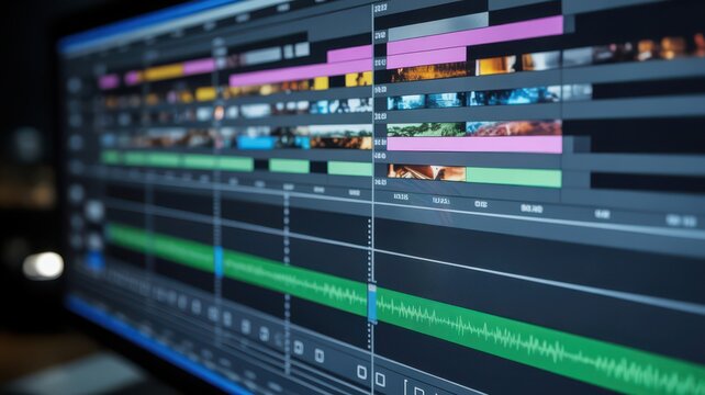 Closeup of professional video editing software interface with timeline and audio waveforms on screen