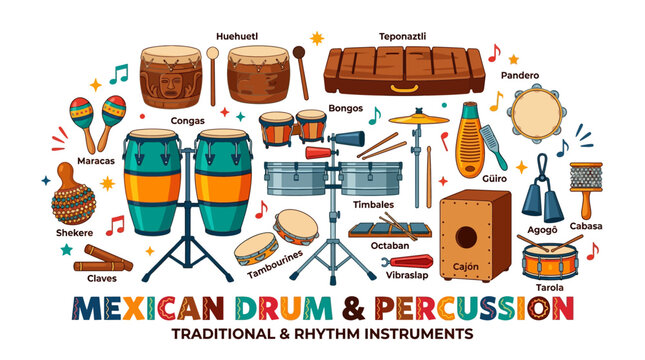 Mexican drums and percussion instruments on display with musical notes around them