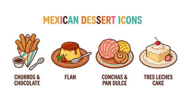 Illustration of traditional Mexican dessert icons including churros flan conchas and tres leches cake.