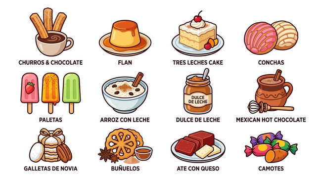 A vibrant illustration showcases traditional Mexican desserts and drinks on a table.