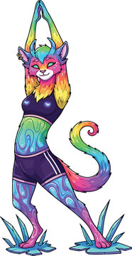 A vibrant, rainbow-colored anthro cat character in athletic wear stretches upwards, standing on glowing blue ice crystals in a peaceful pose.