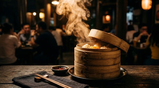 Steaming Dim Sum Basket on a Rustic Table in a Bustling Restaurant.
