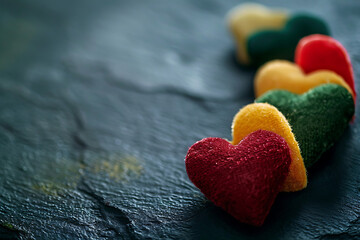 Fototapeta premium Colorful Felt Hearts on Dark Stone Texture Background Warm Handicraft Concept with Copy Space for Cultural Gift and Emotional Promotion