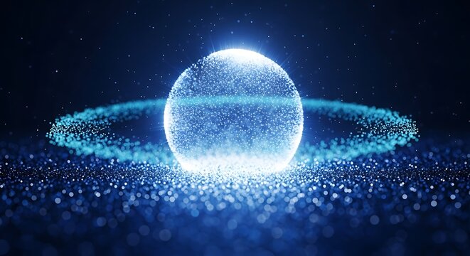 Energy orb composed of glowing blue particles floats above a shimmering crystalline surface with sharp focus and bokeh. Ideal for futuristic corporate presentations and science marketing.