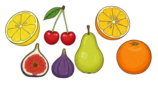 Assortment of fresh fruits arranged in flat lay illustration