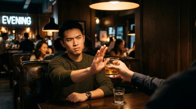 Man refusing an alcoholic drink at a bar, making a stop gesture.