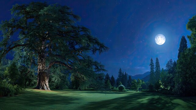 Deodar Cedar - Majestic Full Moonlit Summer Night Park Landscape Scenery