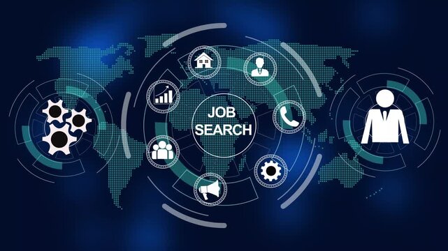 Dynamic digital interface featuring global job search concepts with animated recruitment networking human resources technology, and modern corporate career development solutions