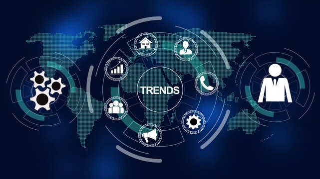 Dynamic global business trends infographic animation featuring interactive digital interface with rotating map background, corporate strategy symbols, and advanced data visualization technology