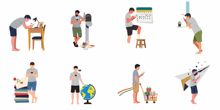 Set of Illustrations Depicting a Man in a Long Distance Relationship Using Smartphone for Communication, Love, and Online Shopping