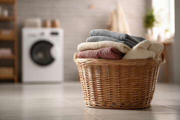 Obraz premium Wicker laundry basket filled with neatly folded clothes in a bright modern laundry room featuring a washing machine and soft natural lighting near window