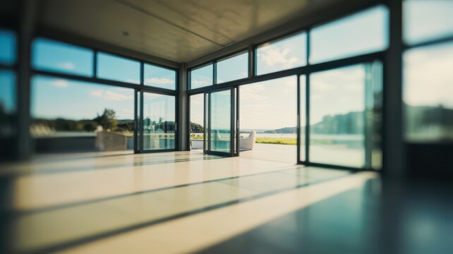 Modern room with large glass sliding doors opening to a scenic lake view and outdoor patio