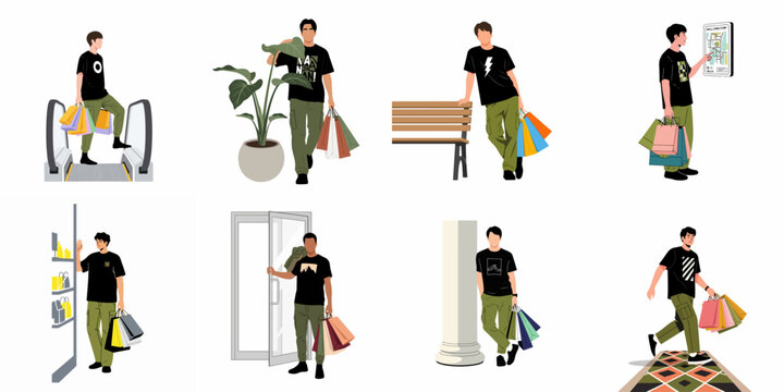 Flat vector illustration set of a young man with shopping bags in various shopping mall environments like escalator, bench, and directory.