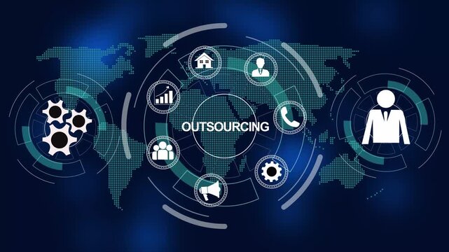 Global business outsourcing concept featuring animated digital map interface with interactive corporate management strategy and seamless connectivity hud technology motion