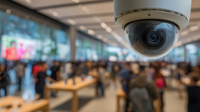 Surveillance camera monitoring a busy indoor space with many people and tables, highlighting security measures in a crowded public environment