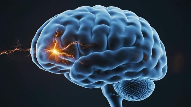 4K CGI Visualization of Human Brain Highlighting Temporal Lobe Epilepsy With Vibrant Neural Activity and Electrical Signals in a Dark Background