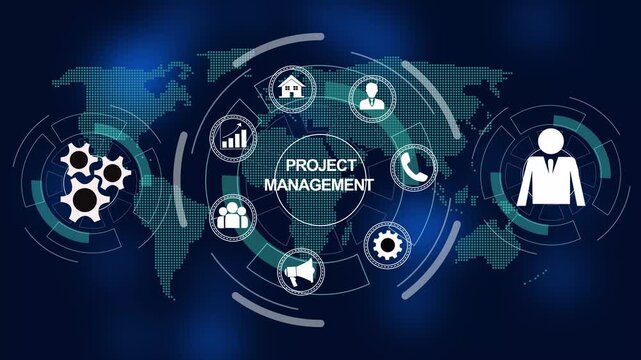 Dynamic project management infographic interface featuring animated global business digital workflow optimization strategy, corporate leadership symbols, and modern tech network connectivity motion