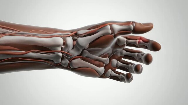 3D medical illustration of human hand anatomy showing joint pain and inflammation in fingers with a red glow on a neutral grey background.