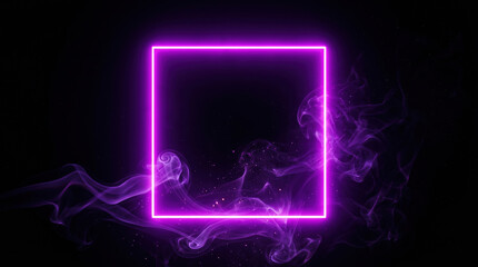 Obraz premium Neon purple square frame with ethereal smoke swirls, glowing geometric border on black background, futuristic vapor light effect