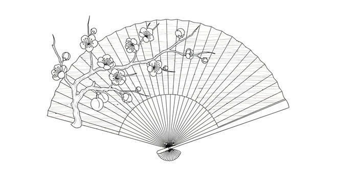 Elegant Japanese Fan with Cherry Blossoms - Vintage Line Art Illustration
