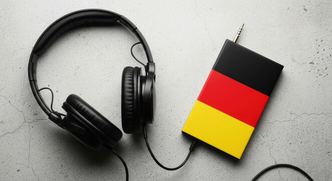 Germany Language Learning Audio Course Headphones Jack German Flag Colors Education Concept Listening Translation Study Skill Device Concrete