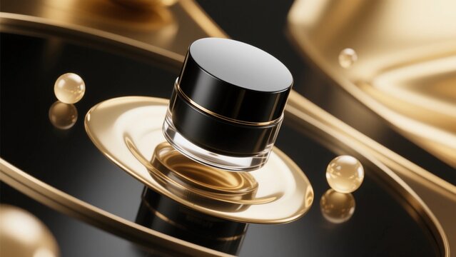 Luxury Cosmetic Jar on a Golden Reflective Surface with Liquid and Pearl Accents