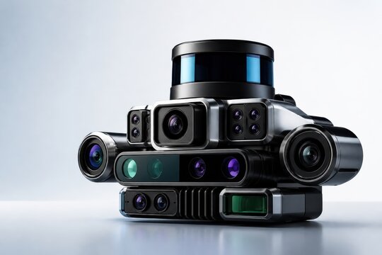 Robotic sensor array with multiple cameras and lidar unit on white background