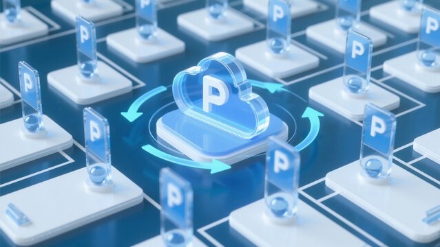 Cloud with 'P' Symbol Connected to Nodes in Network Layout, Illustrating Data Integration and Connectivity