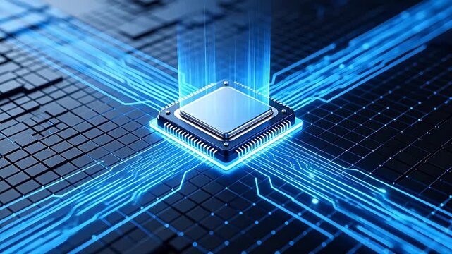 Central processing unit with glowing blue circuit connections on technology background