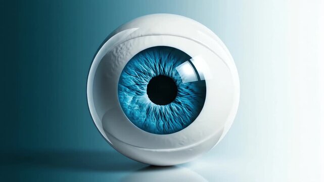 Macro view of a realistic 3D human eyeball with a detailed blue iris, isolated on a clean blue background with professional studio lighting and shadows.