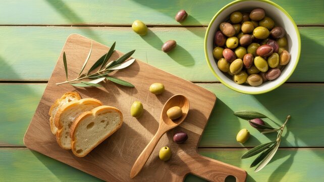 Top view of fresh olives, sliced bread, and an olive branch on a rustic green wooden table