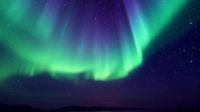Spectacular Green and Purple Aurora Borealis Dancing in the Night Sky Over a Dark Horizon