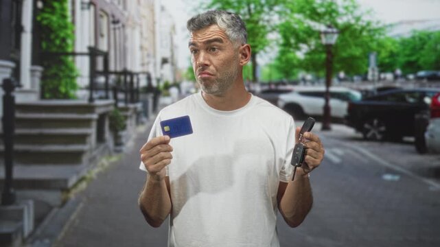 Middle age man holding creditcard and car keys with hands, shrugging and pursing lips on street in front of parked cars and stoop; debt anxiety.