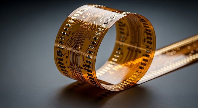 Flexible circuit board loops elegantly in a studio setting with cinematic lighting. Macro focus highlights the detailed circuitry on a dark surface. Perfect for hardware development marketing.