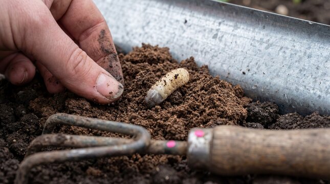 Gardener Finding a Grub Worm in Rich Soil