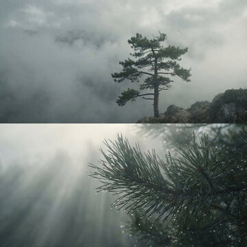 Serene misty mountain landscape with a solitary pine tree standing on a rocky shoreline, surrounded by fog and reflected in calm water