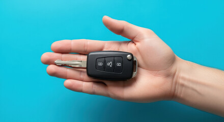 Fototapeta premium Hand Holding Car Key with Remote Control: Automotive Lock, Unlock, Trunk and Alarm Buttons Isolated Over Blue Background
