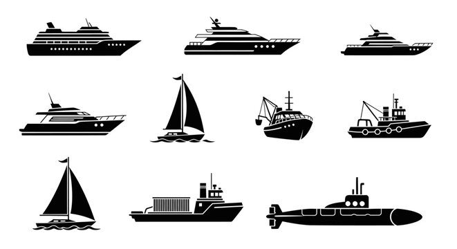 Collection of Diverse Nautical Vessels Silhouettes - Yacht, Sailboat, Tugboat, Submarine, Ship