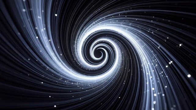 White spiral light vortex with particles converging to center on black background