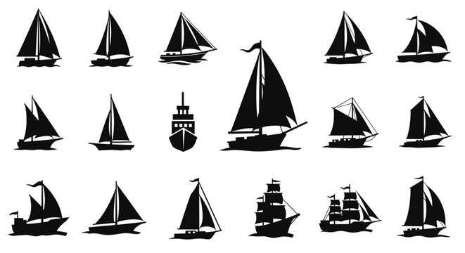 Collection of Diverse Silhouette Sailboats and Ships on White Background