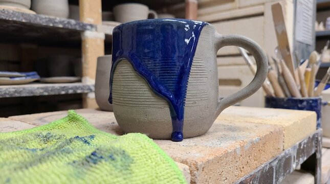 Handmade Ceramic Mug with Dripping Blue Glaze on Kiln Shelf